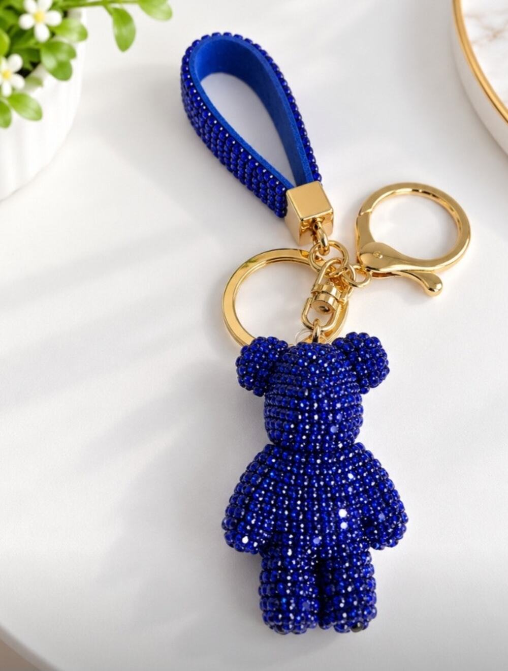 Teddy Bear Blue Rhinestone Bag Charm Key Chain New